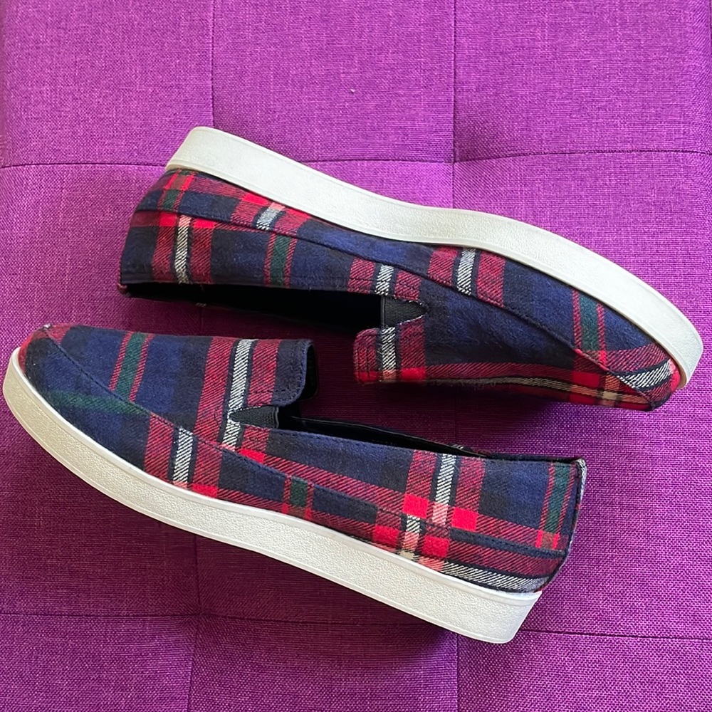 Red/Navy Tartan Slip-On Shoes
